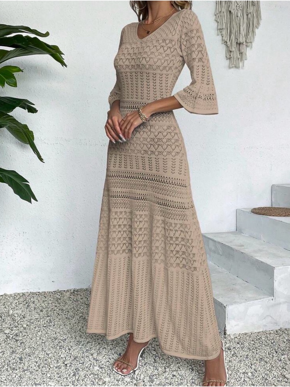 Women's Beige Crochet Knit Maxi Dress